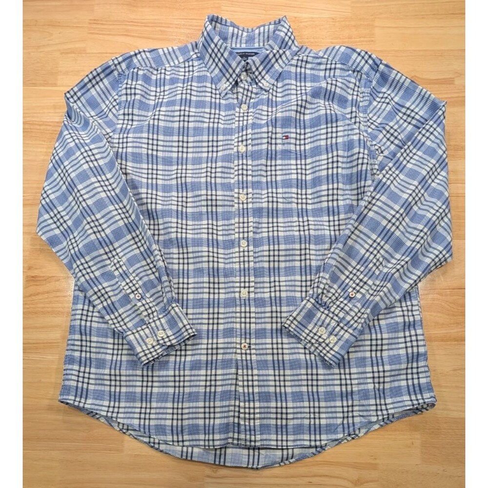 Tommy HilfigerShirt Men XL Blue White Check Long Sleeve  Plaid Button Down